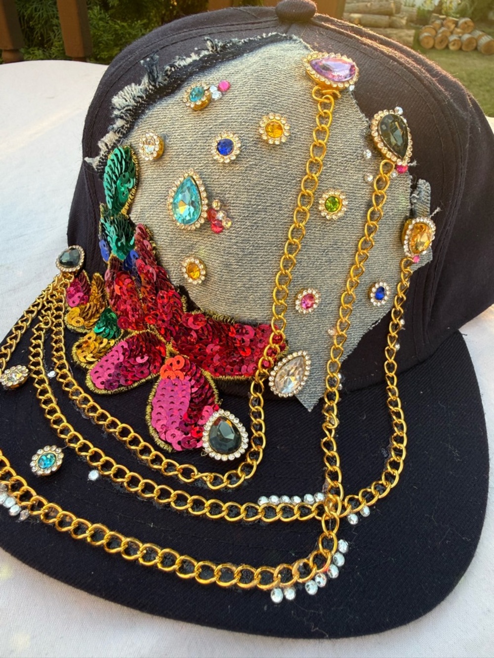 Embellished  custom newSequin & Chain Cap - Black with Multicolor Gems